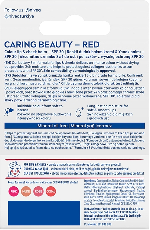 Lipstick for Lips and Cheeks - Nivea Caring Beauty Lip & Chick SPF30 — photo N2