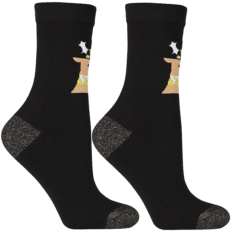 Women Socks with Christmas Reindeer Motif, CSLS250-018, black with reindeer - Moraj — photo N3