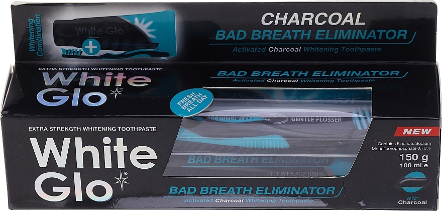 Set "Fresh Breath" with black-light blue toothbrush - White Glo Charcoal Bad Breath Eliminator (t/paste/100ml + t/brush/1) — photo N1