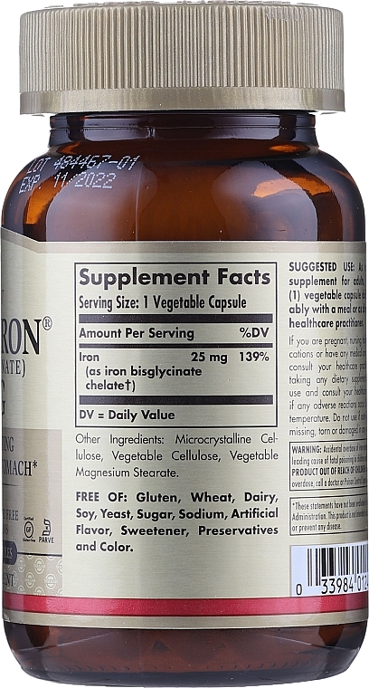 Dietary Supplement "Gentle Iron", 25 mg - Solgar Gentle Iron — photo N2