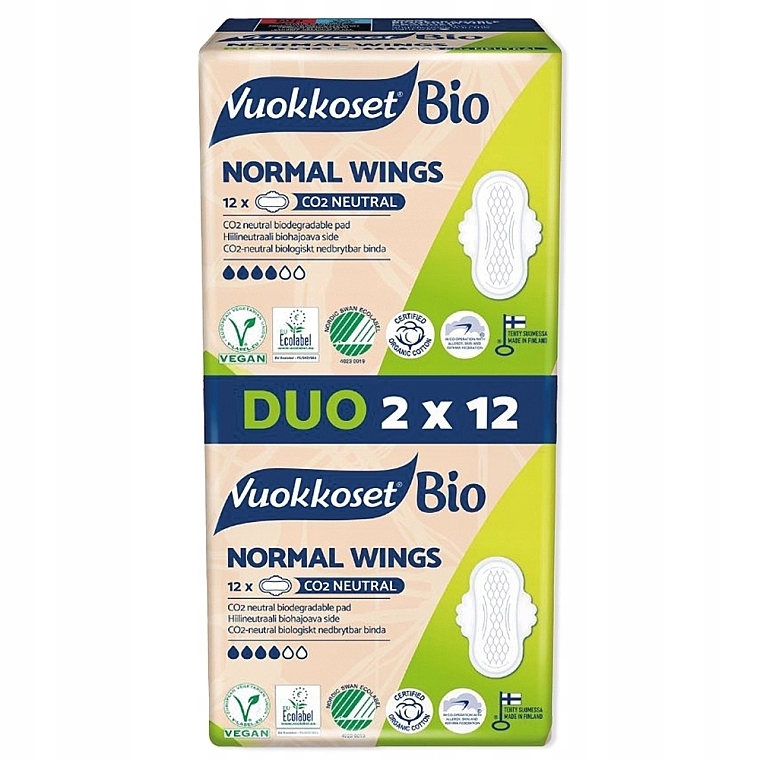 Sanitary Pads with Wings, 24 pcs. - Vuokkoset 100% Bio Normal Wings Duo — photo N1