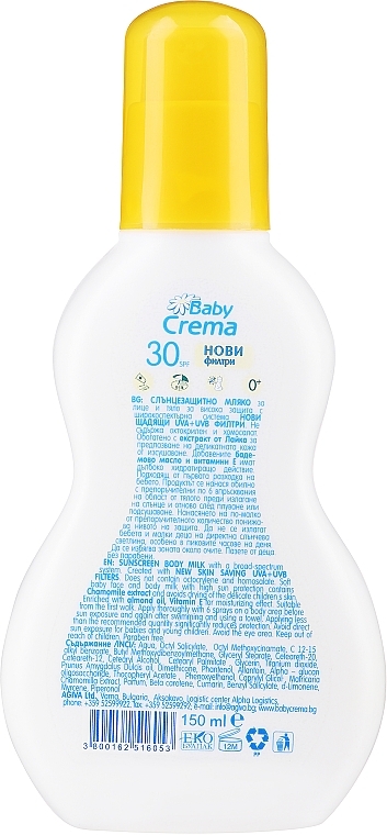 Face & Body Sun Milk Spray - Baby Crema Sun Milk SPF 30+ — photo N2