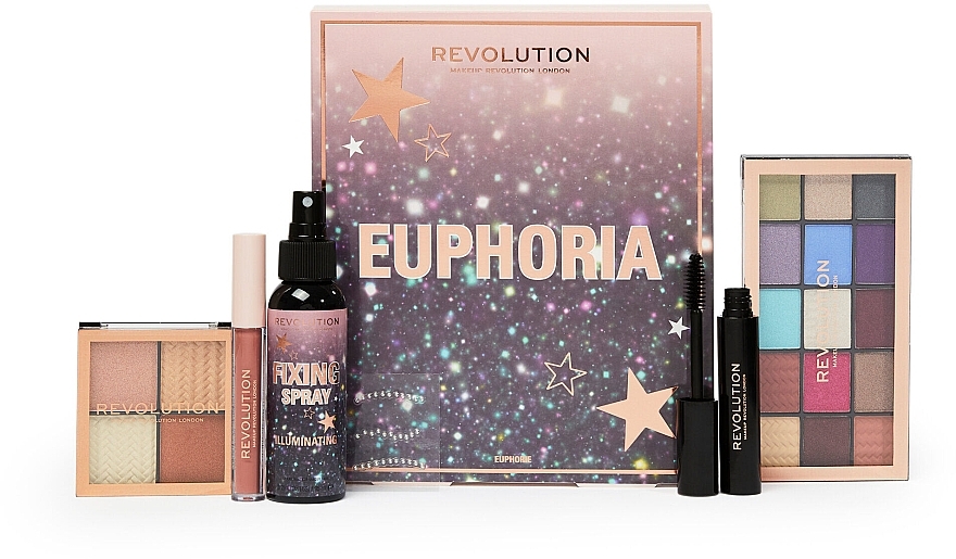 Makeup Revolution Euphoria Makeup Gift Set (eyeshadow/15x1.1g + highlighter/4x1.1g + fix/spray/95ml + lipstick/2.5ml + mascara/7ml + face jewels) - Set — photo N2