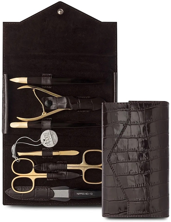 Manicure Set, 7 tools, brown - Nippes Solingen Manicure Set Croco 1097 — photo N1