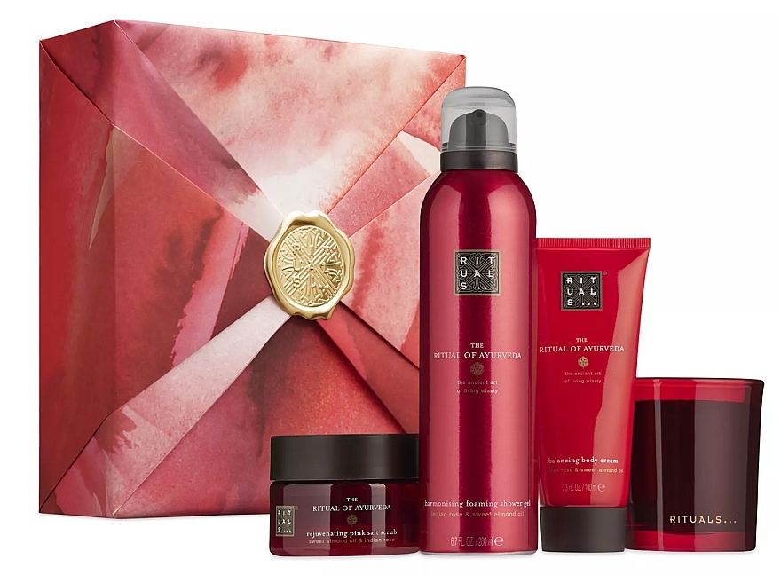 Set - Rituals The Ritual of Ayurveda Medium Gift Set (b/cr/100g+b/scrub/125g+sh/gel/200ml + candle/140g) — photo N1