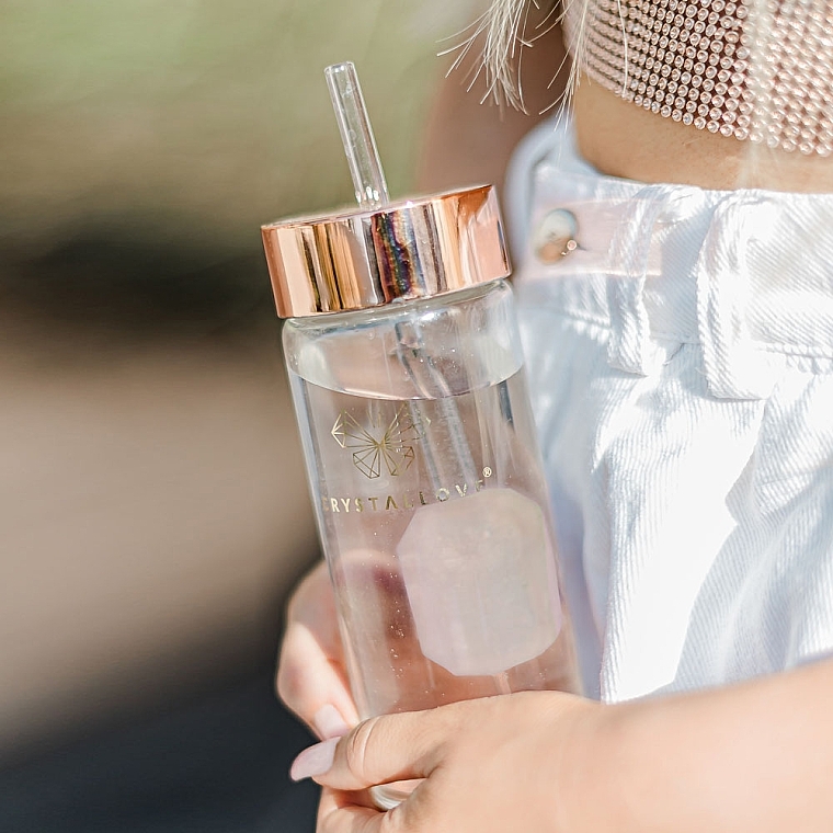 Glass Water Bottle with Rose Quartz & Tube, 400 ml - Crystallove Glass Water Bottle with Pink Quartz and Straw — photo N3