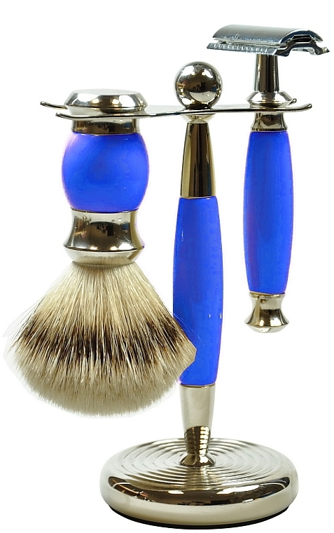 Shaving Set - Golddachs Synthetic Hair, Safety Razor Polymer Blue Chrom (sh/brush + razor + stand) — photo N3