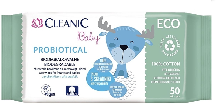Baby Wipes, 50 pcs - Cleanic Eco Baby Probiotical — photo N1