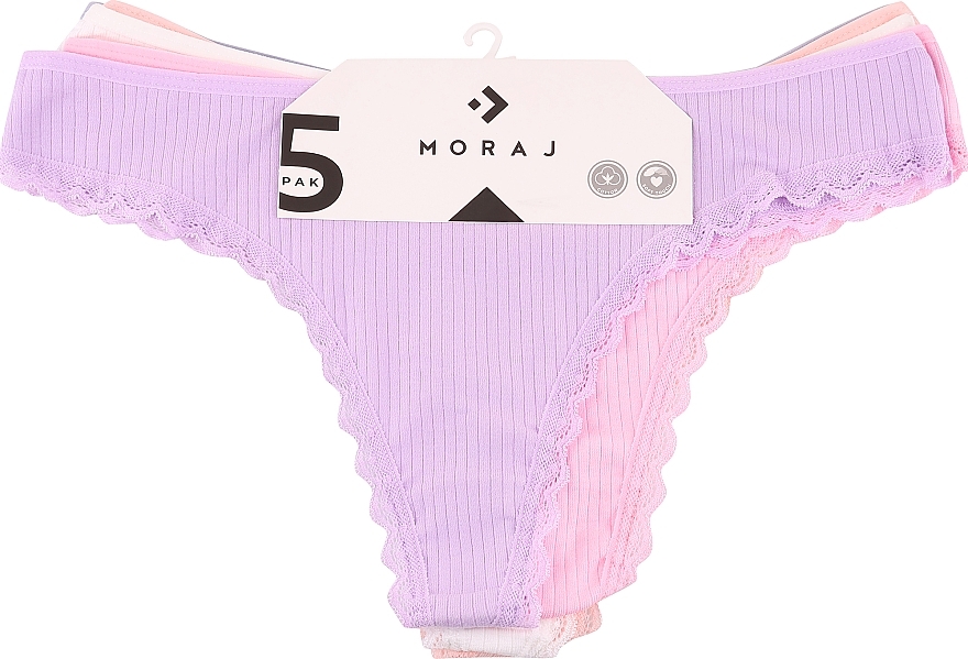 Women Striped Thong, 5 pairs, gray + light green + purple + pink + orange - Moraj — photo N1