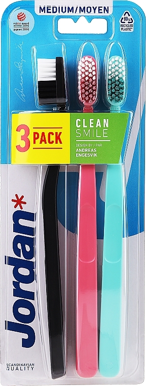 Medium Toothbrush, 3 pcs, pink, turquoise, black - Jordan Clean Smile Medium — photo N1