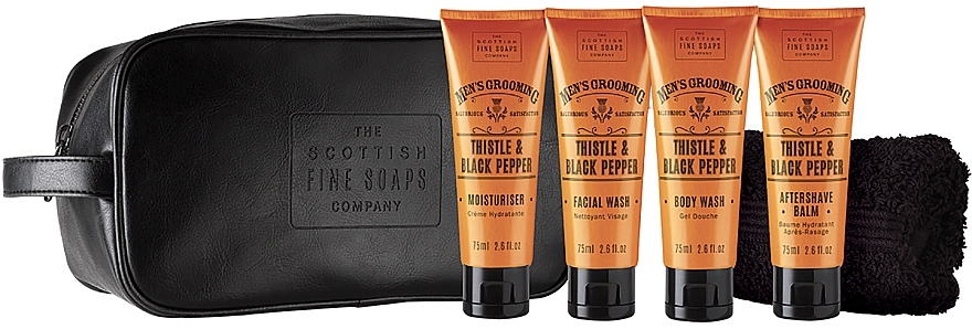 Set - Scottish Fine Soaps Mens Grooming Thistle & Black Pepper Travel Bag (sh/gel/75ml + f/wash/75ml + a/sh/balm/75ml + f/cr/75ml + towel + bag) — photo N2