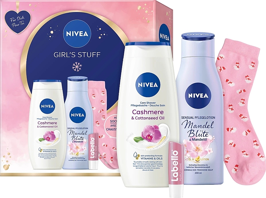 キット - NIVEA Girl's Stuff (sh/gel/250ml + b/lotion/200ml + lip/balm/5,5ml + socks) — photo N1