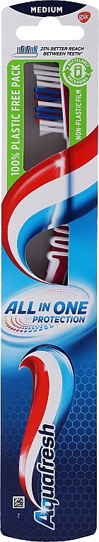 Toothbrush, medium, pink-white with orange-blue bristles - Aquafresh All In One Protection — photo N1