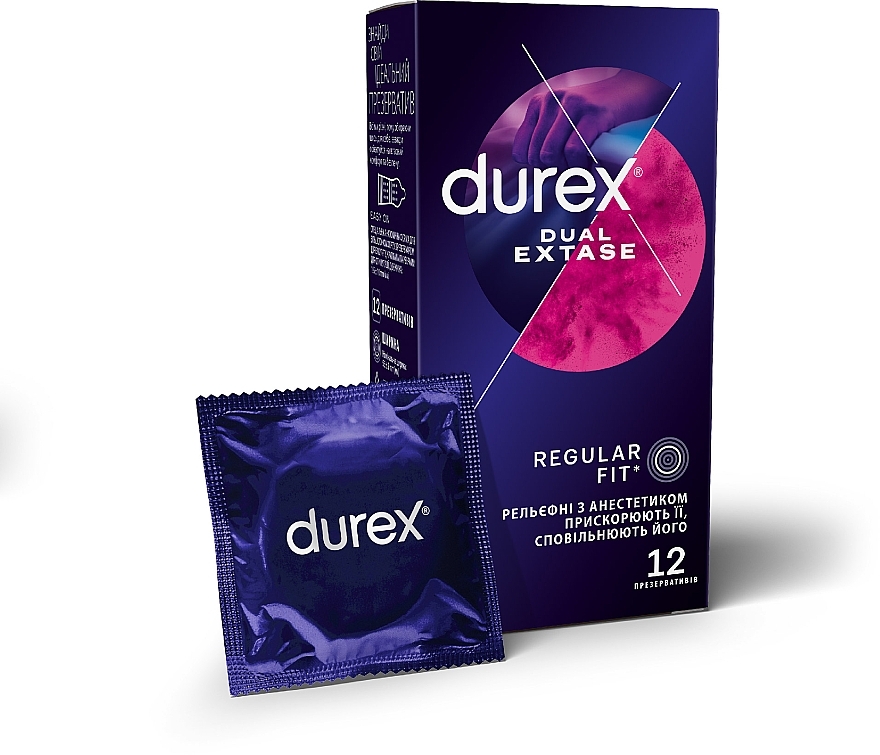 Ribbed Latex Condoms with Silicone Lubricant, with anesthetic, 12 pcs - Durex Dual Extase — photo N1